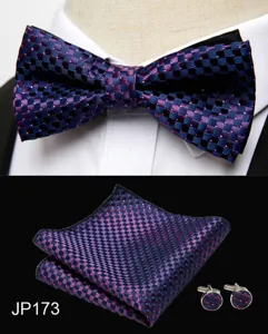 Men's Elegant Blue Purple Checkered Bow Tie Pocket Square Cufflinks Set For Wedding