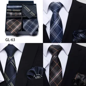 Men's business formal plaid jacquard tie and pocket square gift box set for wedding groom