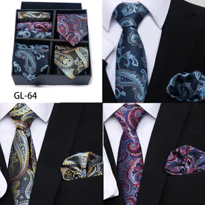 Men luxury paisley tie and pocket square gift box set detail view for formal business suit.