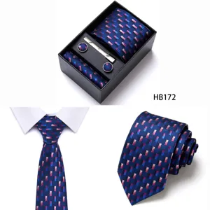 Men's business tie set detail showcasing jacquard pattern, gift box packaging and fine texture.