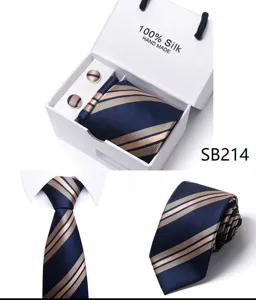 Heren zijden stropdas set met pochet en manchetknopen in luxe geschenkdoos, gestreept.