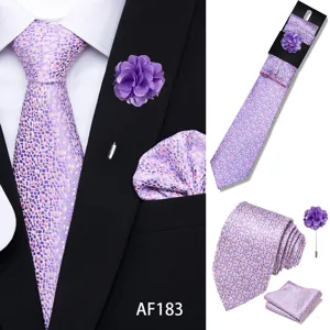 Men's purple jacquard tie set featuring necktie, pocket square, and lapel pin for business events.