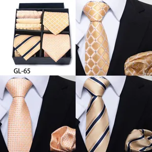 Detail view of men's business jacquard tie and pocket square set in elegant gift box presentation.