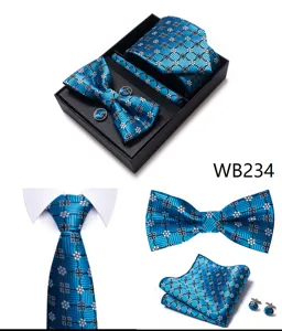 Set de caja de regalo de corbata de boda para hombre, corbata jacquard de cuadros azules con gemelos.
