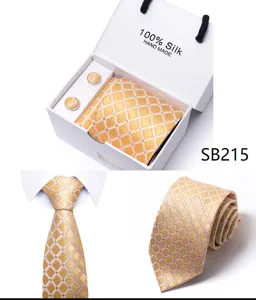 Gouden zijden stropdas set voor heren, luxe geruite das met manchetknopen in dos.