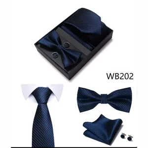 Conjunto de regalo corbata pajarita pañuelo gemelos de rayas azules para hombre negocio