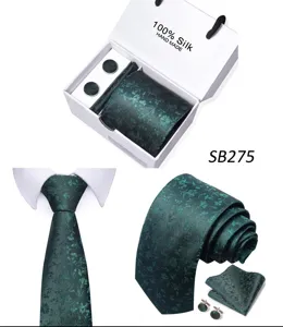 Groene bloemige zijden das set voor heren met pochet, manchetknopen en luxe geschenkdoos.