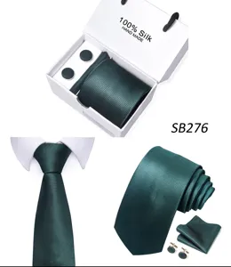 Luxe heren donkergroene zijden stropdas set met pochet en manchetknopen in geschenkdoos.