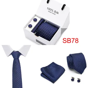 Herren Seide Krawatte Einstecktuch Manschettenknöpfe Set Geschenkbox blau gepunktet Hochzeit