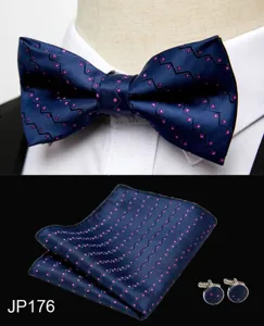 Men's jacquard polyester bow tie set with pocket square and cufflinks for formal events.