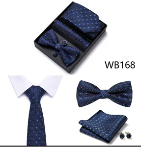 Coffret cravate nœud papillon pochette boutons de manchette homme bleu pois orange.