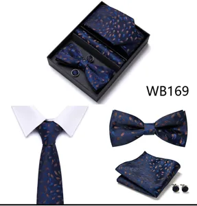Ensemble cravate nœud papillon pochette boutons de manchette jacquard bleu homme.