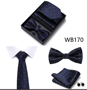 Détails de l'ensemble cravate nœud papillon pochette boutons de manchette en coffret.