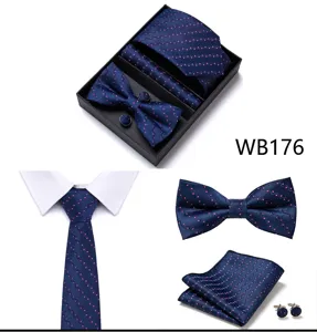 Coffret Homme Cravate Bleu Marine Pochette Boutons de Manchette Nœud Papillon Affaires