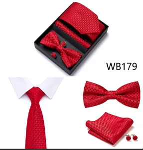 Ensemble coffret cravate nœud papillon pochette boutons de manchette jacquard rouge homme