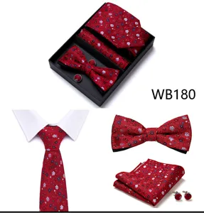 Hommes rouge jacquard cravate nœud papillon pochette boutons de manchette mariage