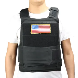 Black tactical vest plate carrier with flag patch for outdoor training and CS games detail view.
