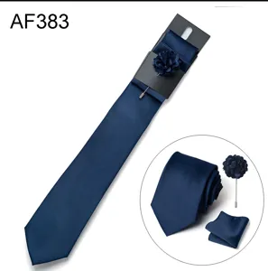 Set cravatta blu scuro uomo matrimonio affari jacquard poliestere cravatta fazzoletto spilla