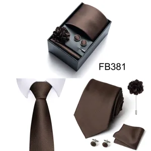Brown mens tie pocket square cufflinks lapel pin gift box set for business formal wear