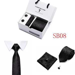 Black paisley tie set for men with gift box, pocket square and cufflinks for formal wear.