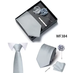 Set cravatta uomo grigia con fazzoletto da taschino spilla fermacravatta in confezione
