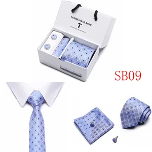 Men blue geometric tie pocket square cufflinks set in elegant gift box for wedding