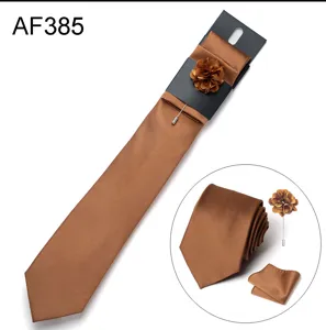 Elegante set di cravatta marrone da uomo con spilla e fazzoletto per matrimonio e affari.