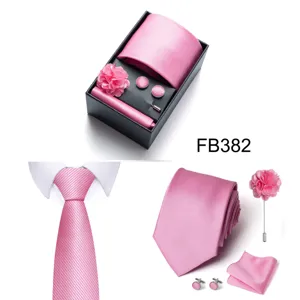 Men's pink tie set with pocket square cufflinks lapel pin and gift box for formal wear business.