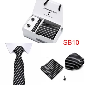Detail view of men black and white striped tie pocket square and cufflinks gift box set.