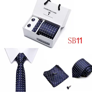 Men's blue polka dot tie pocket square and cufflinks gift box set for wedding suit.