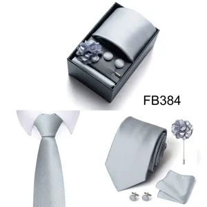 Men silver grey tie pocket square cufflinks lapel pin gift box set for business formal wear