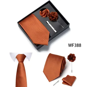 Vista dettagliata del set cravatta uomo ruggine unito, con pochette, fiore da risvolto e fermacravatta.