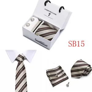 Men's silk-feel striped tie set with matching pocket square and cufflinks for business.