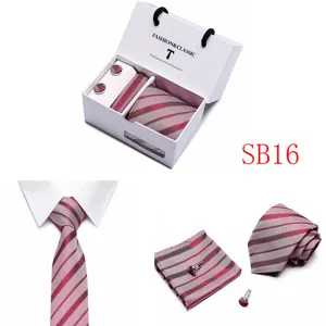 Men's striped tie gift set with pocket square and cufflinks, wine red business formal tie.