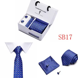Blue geometric pattern tie pocket square and cufflinks gift set for men wedding party.