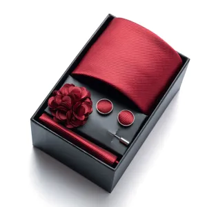 Burgundy men's tie gift set featuring striped necktie pocket square cufflinks lapel pin box.