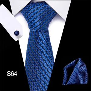 Heren stropdas set blauw zwart geometrisch patroon das pochet manchetknopen detail
