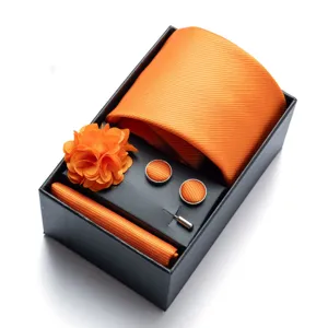 Men's orange tie pocket square cufflinks and lapel pin gift box set for business formal wear