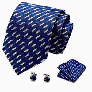 Heren zakelijke blauw gestreepte stropdas set met pochet en manchetknopen voor formele kleding.