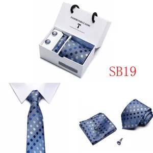 Blue patterned men's tie set with gift box, pocket square and cufflinks for business formal wear.