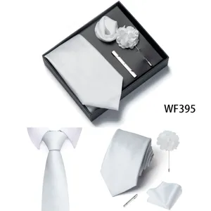 Set cravatta da uomo bianco solido scatola regalo fazzoletto da taschino fermacravatta matrimonio