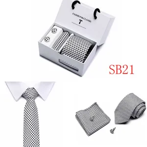 Men's Black White Checkered Tie Pocket Square Cufflinks Gift Box Set Wedding Business