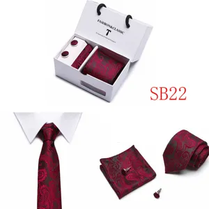 Men luxury paisley silk tie set gift box with matching pocket square and cufflinks.