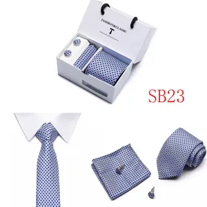 Men business blue checkered tie gift box set with cufflinks, premium jacquard accessories.
