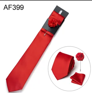 Set cravatta rossa da uomo con fazzoletto da taschino e fiore all'occhiello per matrimoni.
