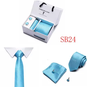 Men's blue grid tie pocket square cufflinks gift set wedding business suit accessories.