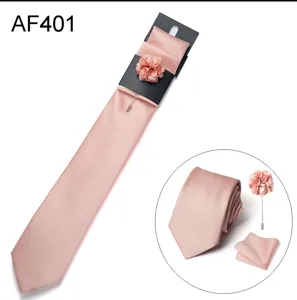 Uomini cravatta rosa solido set matrimonio affari jacquard poliestere cravatta con fazzoletto spilla