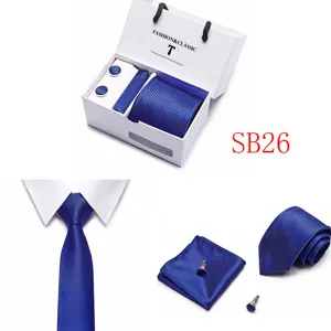 Blue striped tie pocket square cufflinks gift set for men wedding business formal suit.