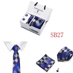 Luxury men plaid tie pocket square cufflink gift set, perfect for business formal wear.