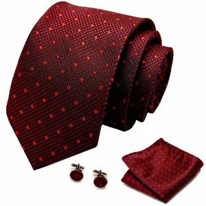Klassieke rode en zwarte stippen das set met pochet en manchetknopen voor herenmode stijl